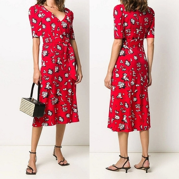 Veronica Beard Dresses & Skirts - Veronica Beard Joia Red Multi Floral Print V-Neck Belted Midi Dress Size 2 - XS